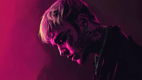 Tattooed man in neon magenta light lowers head in profile