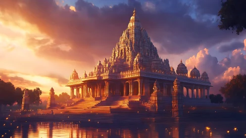 Golden temple rises at sunset over tranquil reflective waters