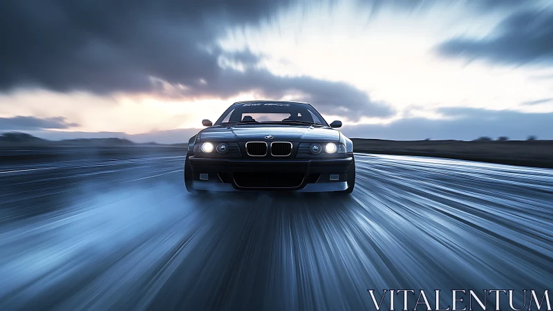 Sport coupe charges across wet road at dramatic dusk.