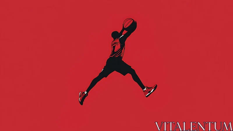 Silhouetted basketball player executing midair slam dunk.