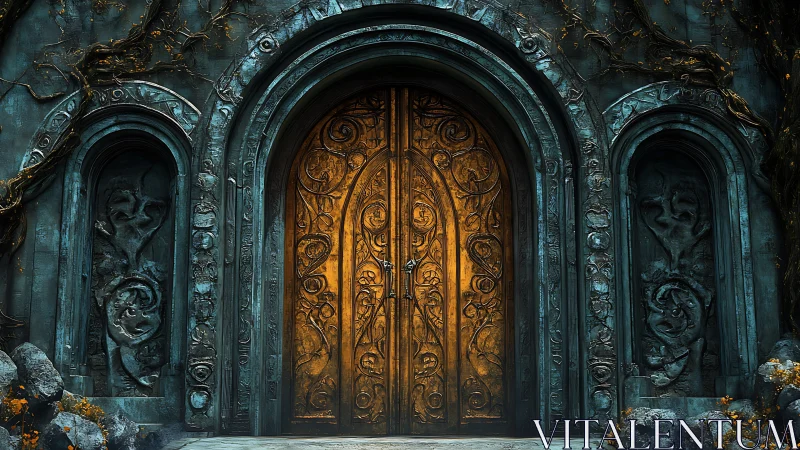 Ancient golden door glows within a mossy stone archway