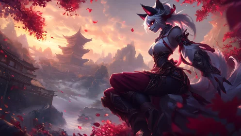 Fox-eared warrior overlooking mystical sunset valley.