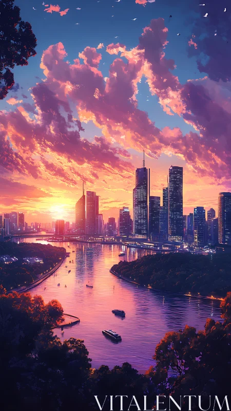 Sunlit river winding through neon-lit futuristic skyline.