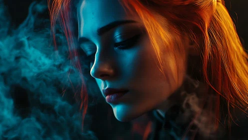 Moody side profile portrait in orange and cyan light.