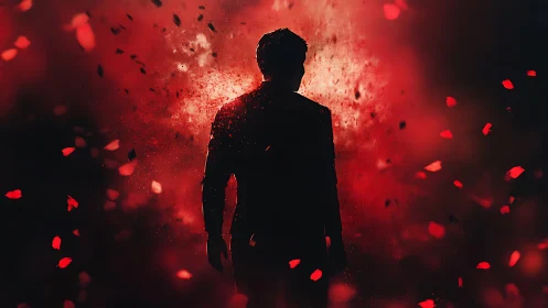 Silhouetted male figure stands amid dispersed red particles