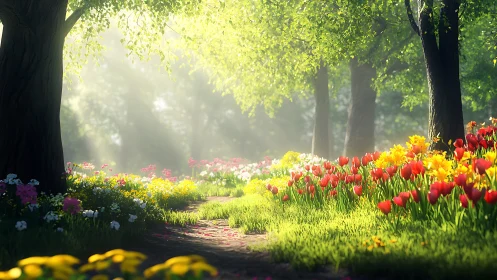 Sunlit forest path with colorful spring flowers, digital art style.