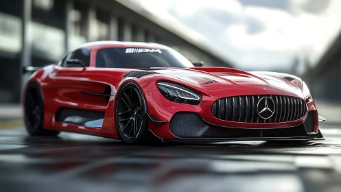 Low-slung red Mercedes AMG race coupe dominates wet pit lane