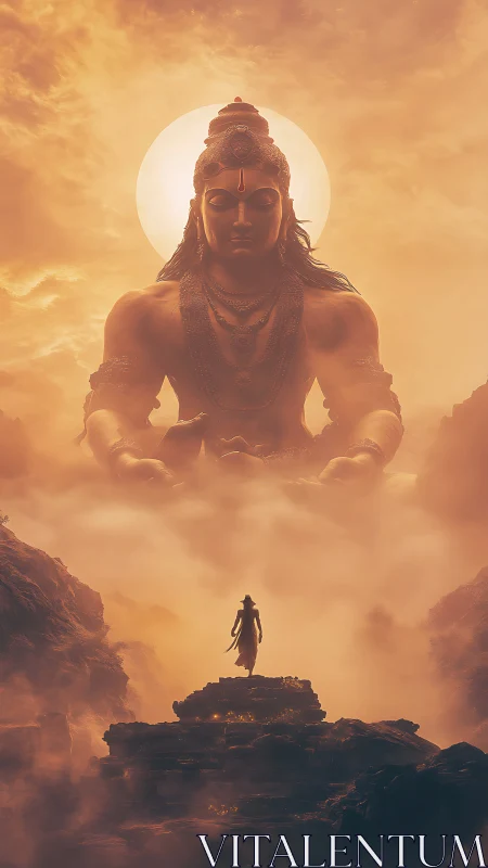 Colossal seated deity above misty canyon with lone figure.