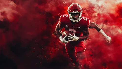 Football runner drives through explosive red smoke field.