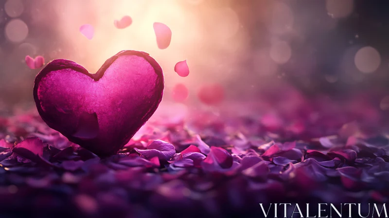Glowing Pink Heart Surrounded by Romantic Petals.