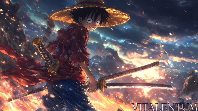 Dynamic anime swordsman in ember-lit cinematic composition.