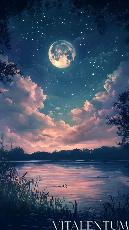 Moonlit lake glows beneath dreamy pastel twilight clouds.