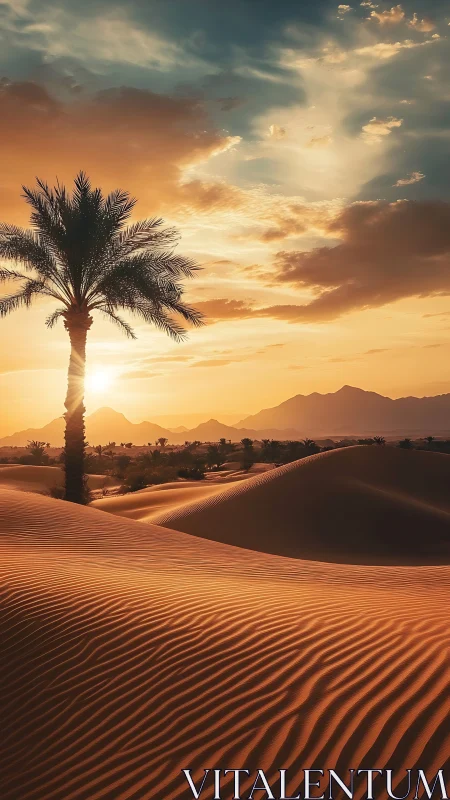 Sunlit desert palms guarding rippled dunes at glowing dusk.
