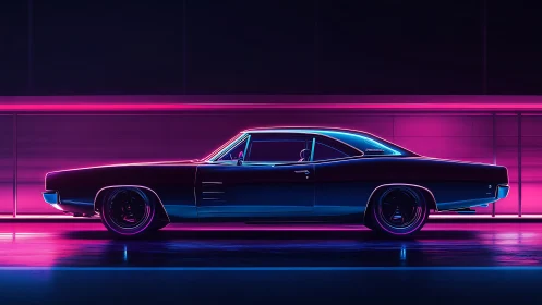 Neon-lit classic muscle car in futuristic side profile render.