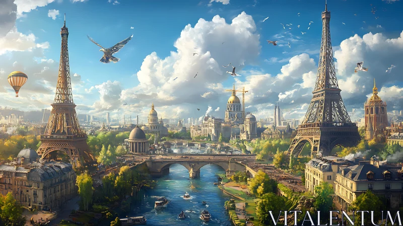 Dreamy twin Eiffel towers over a riverlit storybook city.