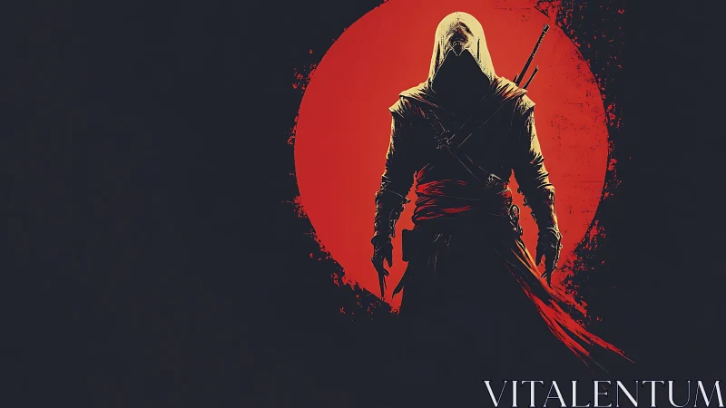 Hooded assassin silhouette stands before large red circle