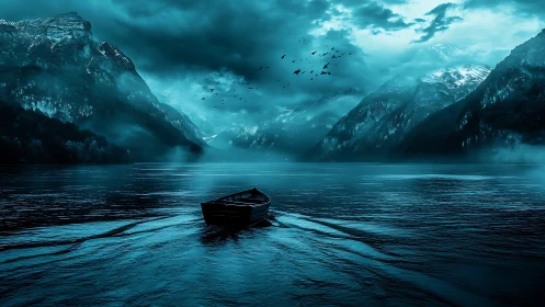 Solitary boat glides through a misty, blue mountain lake
