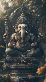 Serene Ganesha statue rests in a misty forest shrine