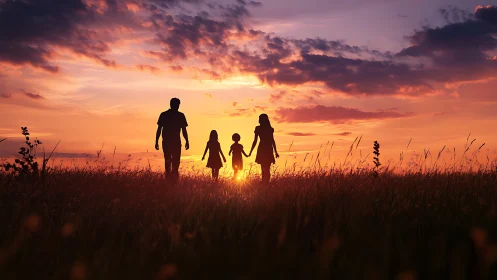 Family walking together under a warmly glowing sunset sky.