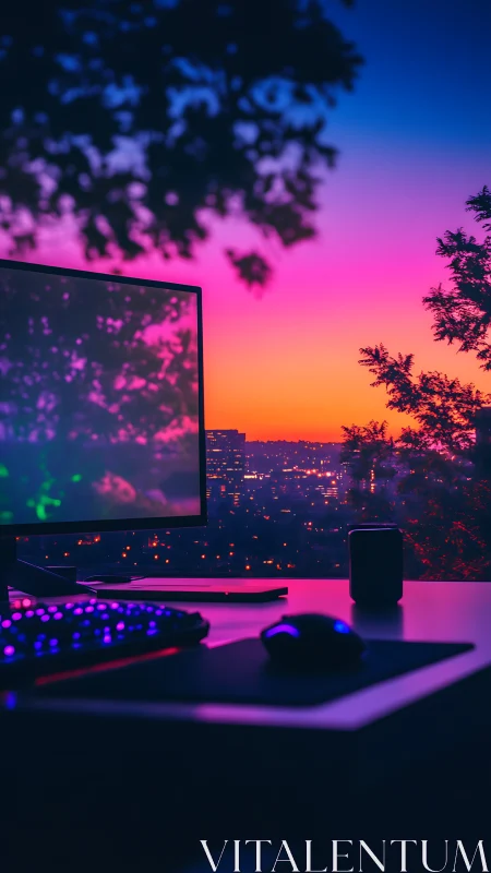 RGB lit desktop gaming setup against vivid city sunset