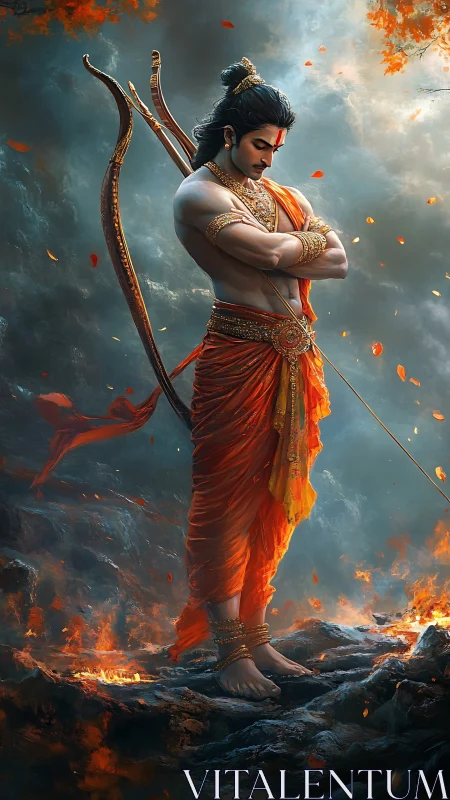 Divine warrior in fiery landscape radiates serene strength.