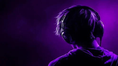 Gamer wearing over ear headphones in purple studio light.