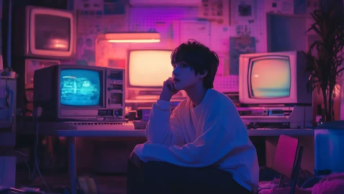 Dreamy retro gamer lost in neon-lit midnight thoughts.