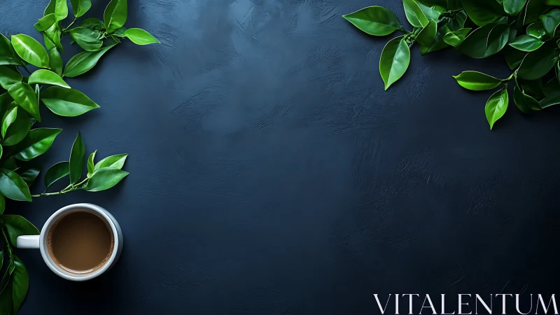 Morning coffee nestles in lush green leaves on midnight slate.