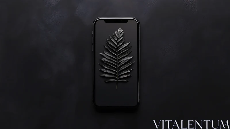 Black smartphone with dark leaf on reflective screen surface.