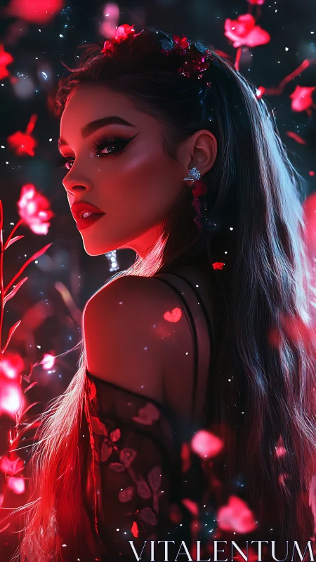 Digital portrait shows woman in profile among red petals