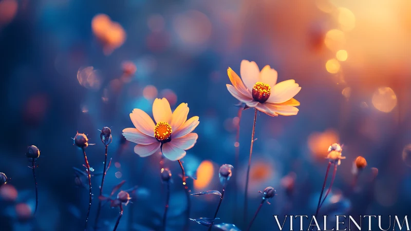 Golden cosmos flowers bathed in dreamy sunset light glow