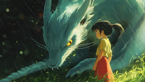 Anime girl facing white dragon under glowing summer rain.