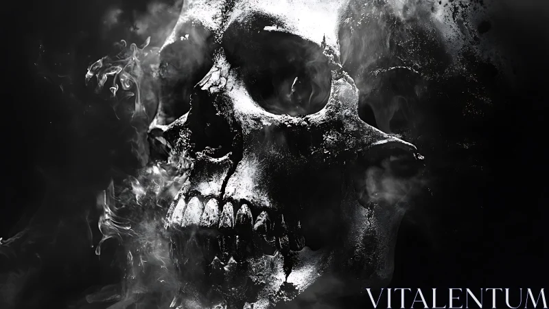 Monochrome human skull rendered in smoke and shadow detail.