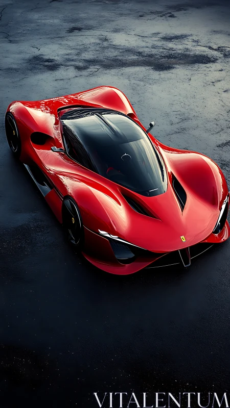 Crimson hypercar prototype under moody wet asphalt light.