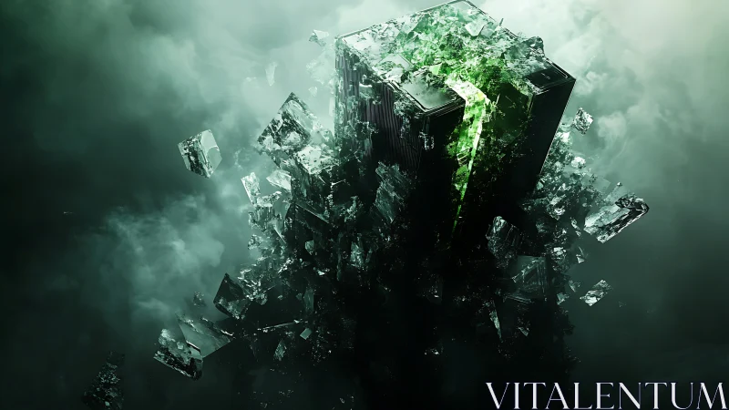 Shattered data core erupting with neon green energy.