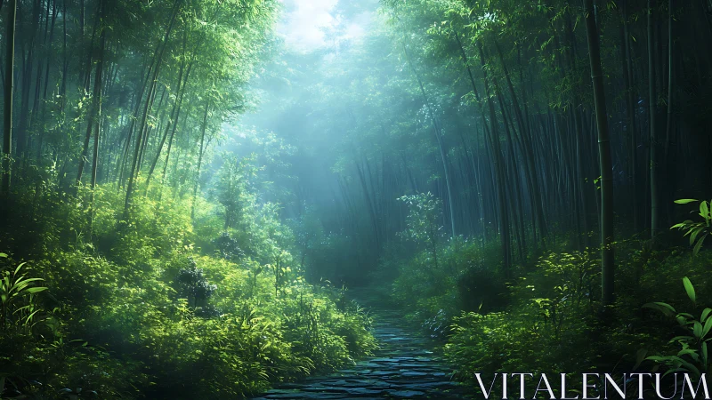 Luminous Bamboo Forest Stream Path Beneath Filtered Canopy.