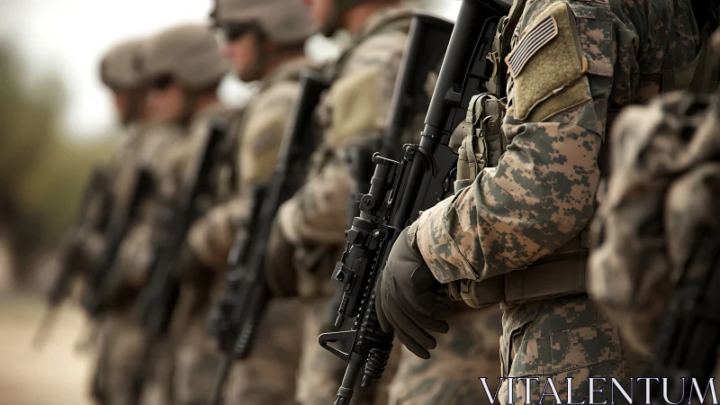 Line of uniformed soldiers stands in formation with rifles