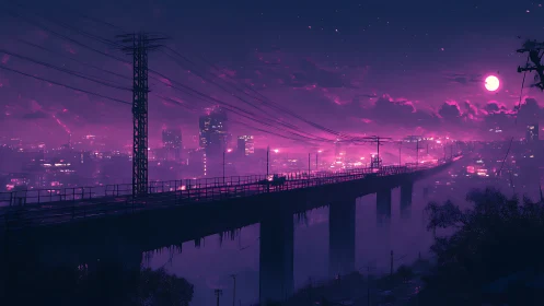 Elevated urban rail bridge under magenta night sky.