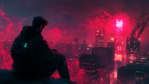 Lone rooftop watcher soaks in a neon red cyber city glow