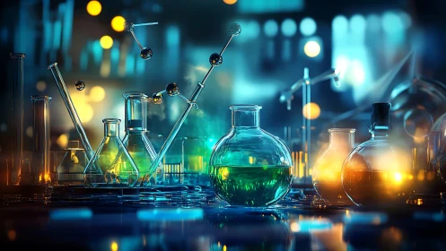Colorful laboratory glassware under moody scientific lighting.