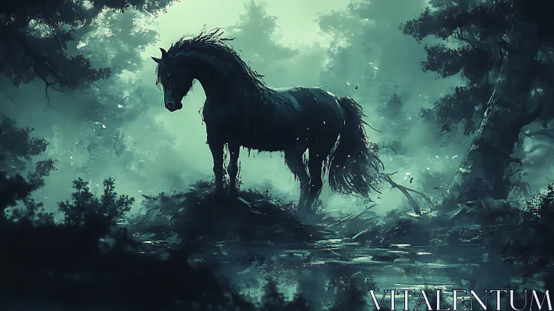 Moonlit phantom horse haunts a mist-drowned forest pool.