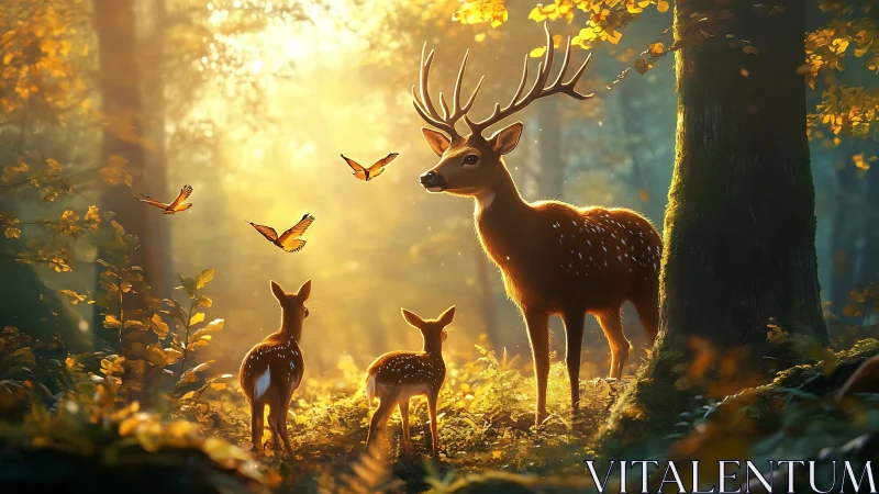 Golden hour forest deer family with monarch butterflies