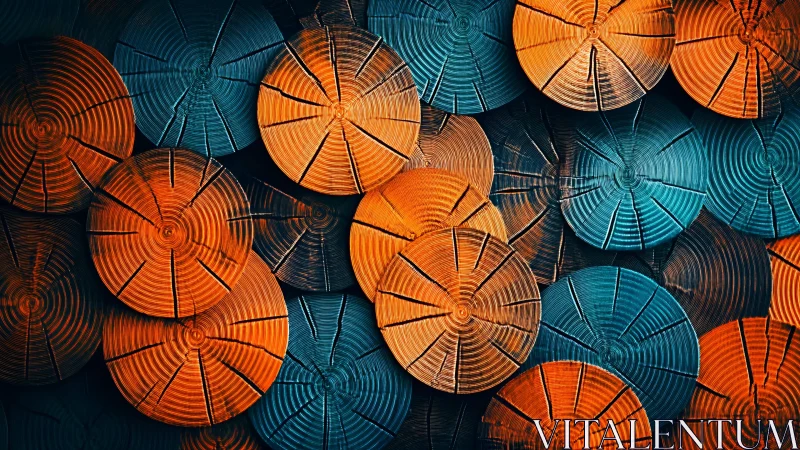 Abstract close-up of orange and blue wood log cross-sections in pattern.
