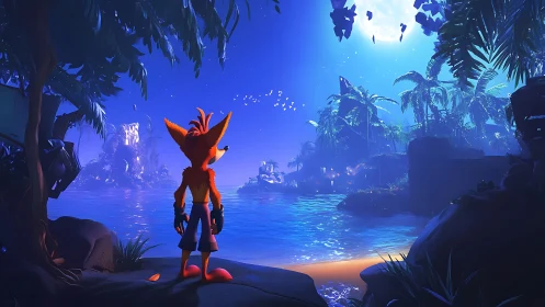 Anthropomorphic fox surveys neon-lit tropical moonlit cove.