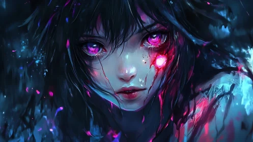 Enchanted girl meets glowing power in a storm of neon light