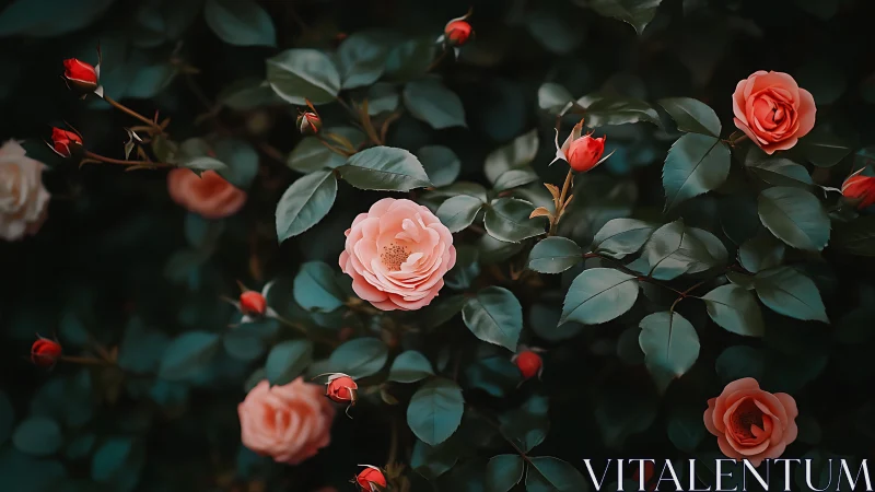 Rose Garden Composition with Coral Blooms and Teal Foliage.