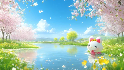 Springtime bunny daydream beside a blossom-bright riverbank.