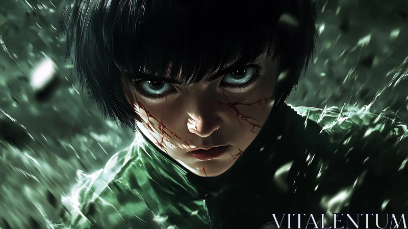 Fierce anime fighter locking eyes with unstoppable resolve.