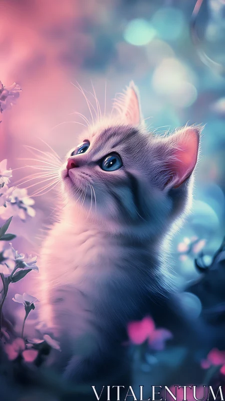 Ethereal White Kitten Gazing Upward in Dreamy Floral Garden