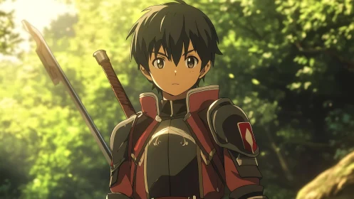 Anime forest swordsman in red plate armor under dappled light